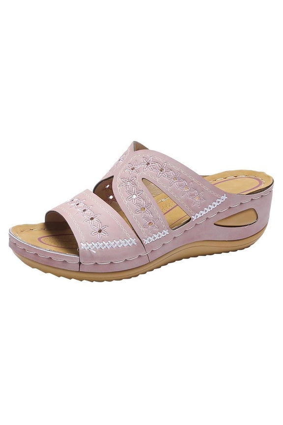 Women's Multi-color Embroidered Sandals with Wedge Fish Mouth Platform Shoes Clearance Pink 9(42)