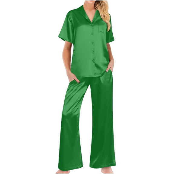 Rewenti Women's Silk Satin Pajama 2 Piece Outfits Short Sleeve Crop Top and Wide Leg Pants Set with Pockets Green 8(L)