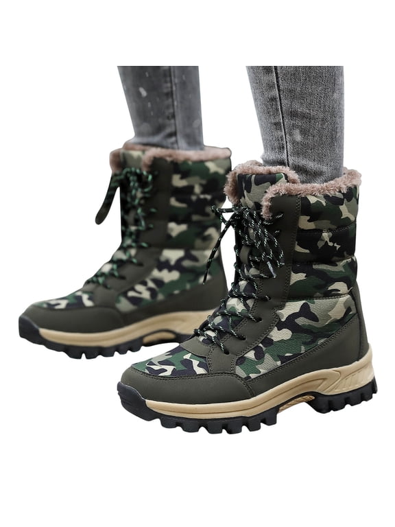 Women's Snow Boots Thick Soled Fall/winter New Plush Insulation Snow Boots Outdoor Camouflage High Top Cotton Shoes Green 6(37)