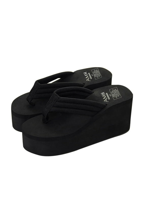 Women's Summer Thick Soled Flip-Flops Slope Heel Waterproof Platform Sandals Slippers Beach Shoes Clearance Black 8.5(39)