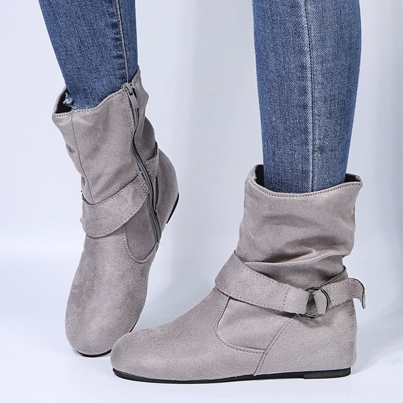 Rewenti Women's Winter Flat Leather Belt Buckle Suede Zipper Round Toe Ankle Boots Gray 5.5(36)