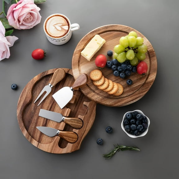 Rewenti Wood Cheese Board Set Charcuterie Platter with 4 Stainless Steel Knives Rotatable Storage Tray