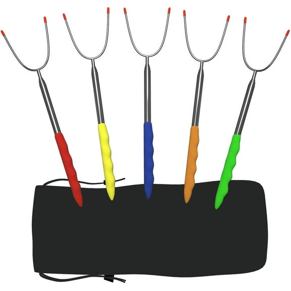 Rewera Roasting Sticks Marshmallow Roasting Sticks BBQ Hot Dog Forks & Smores Skewers Multicolored Telescoping Camping Accessories for Kids Safe (5 Pk Rubber)