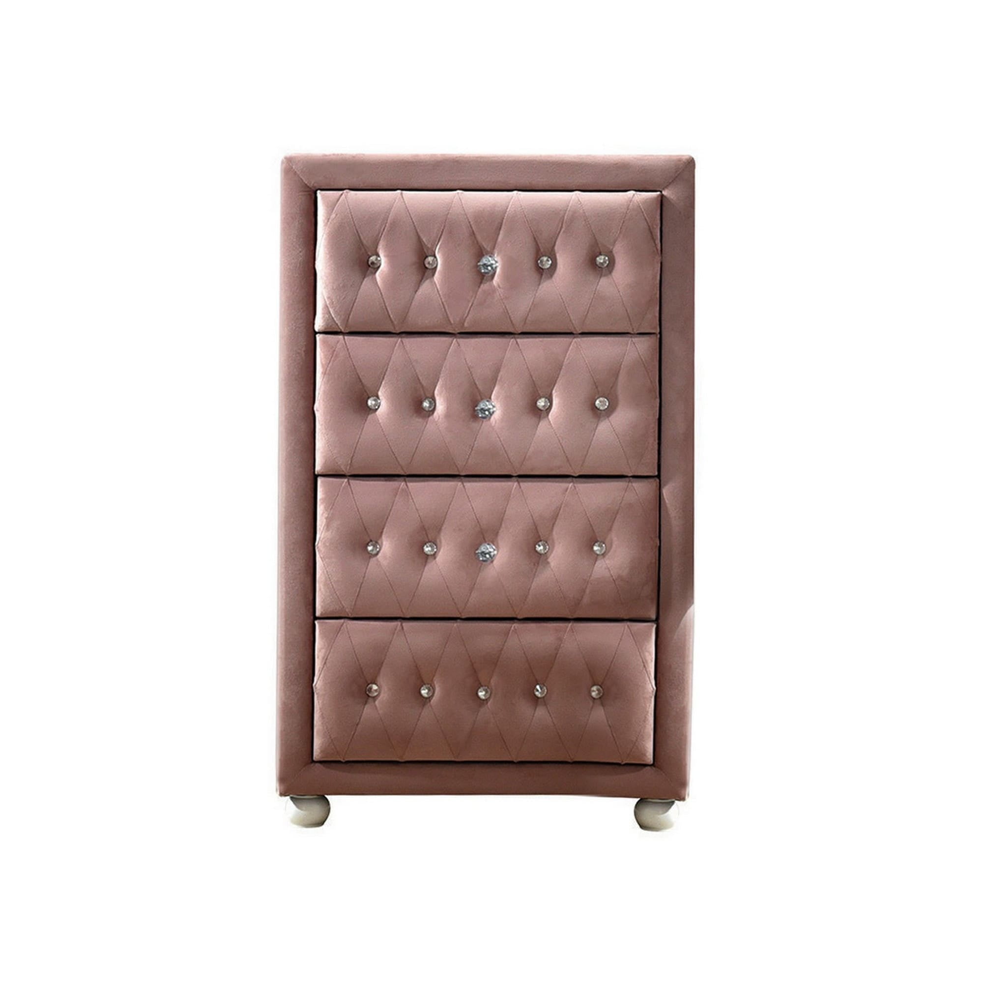 Rex 38 Inch Tall Upholstered Dresser Chest 4 Drawer Crystal Handles Pink