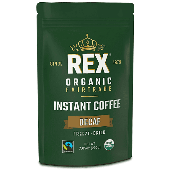 Rex Coffee Organic Fairtrade Decaf Freeze-Dried Instant Coffee, Medium Roast, 7.05 oz