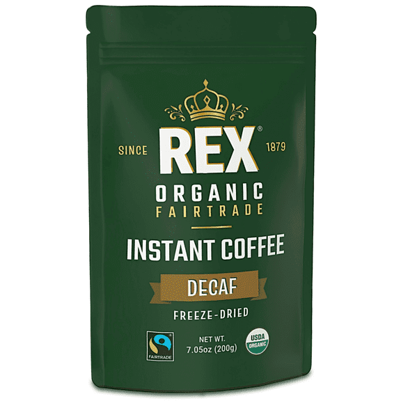 Rex Coffee Organic Fairtrade Decaf Freeze-Dried Instant Coffee, Medium Roast, 7.05 oz