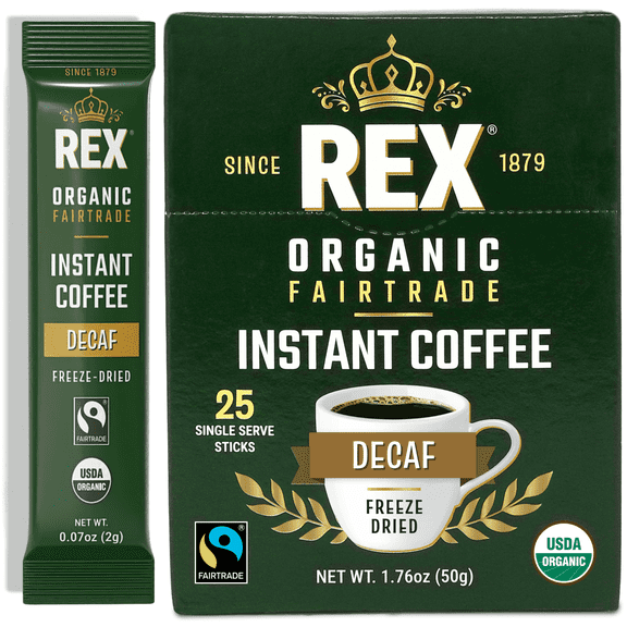 Rex Coffee Organic Fairtrade Decaf Freeze-Dried Instant Single-Serve Sticks, Medium Roast, 25 Count