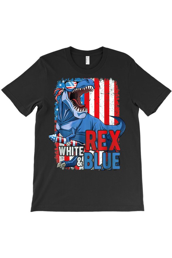 Rex White Blue Funny Dinosaur Firework USA Flag 4th of July Themed Holiday G37712 Unisex T-Shirt, Up to Size 5XL