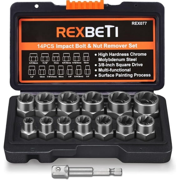Rexbeti Impact Bolt & Nut Remover Set 13 Pieces Bolt Extractor Tool Set
