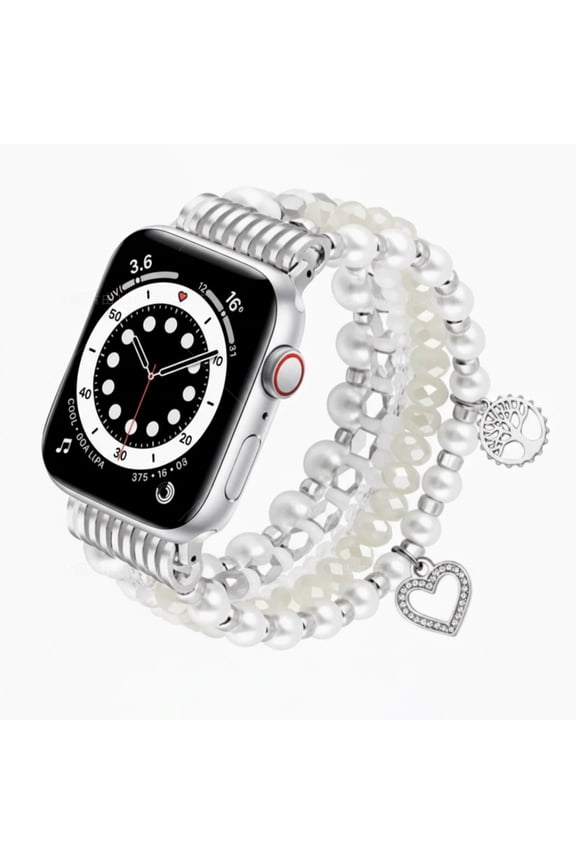 Beaded Bracelet Compatible for Apple Watch Band 38mm/40mm/41mm/42mm, Fashion Elastic Stretch Women Bands for Watch Series 11/10/9/8/7/SE/6/5/4/3/2/1, White