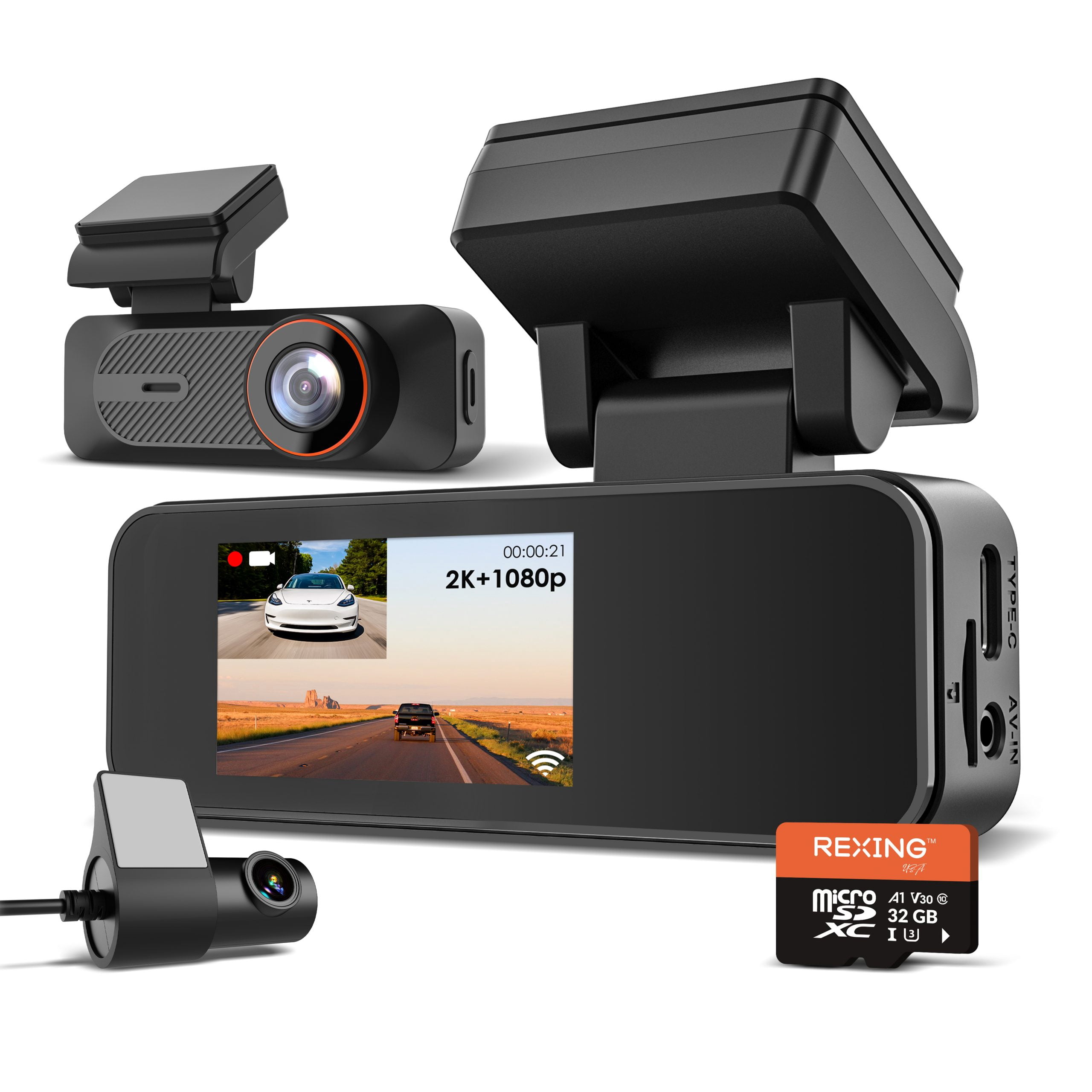 Rexing 2K Front and 1080P Rear Dash Cam with App Control, WiFi, Dual Camera System, Loop Recording, Parking Monitor