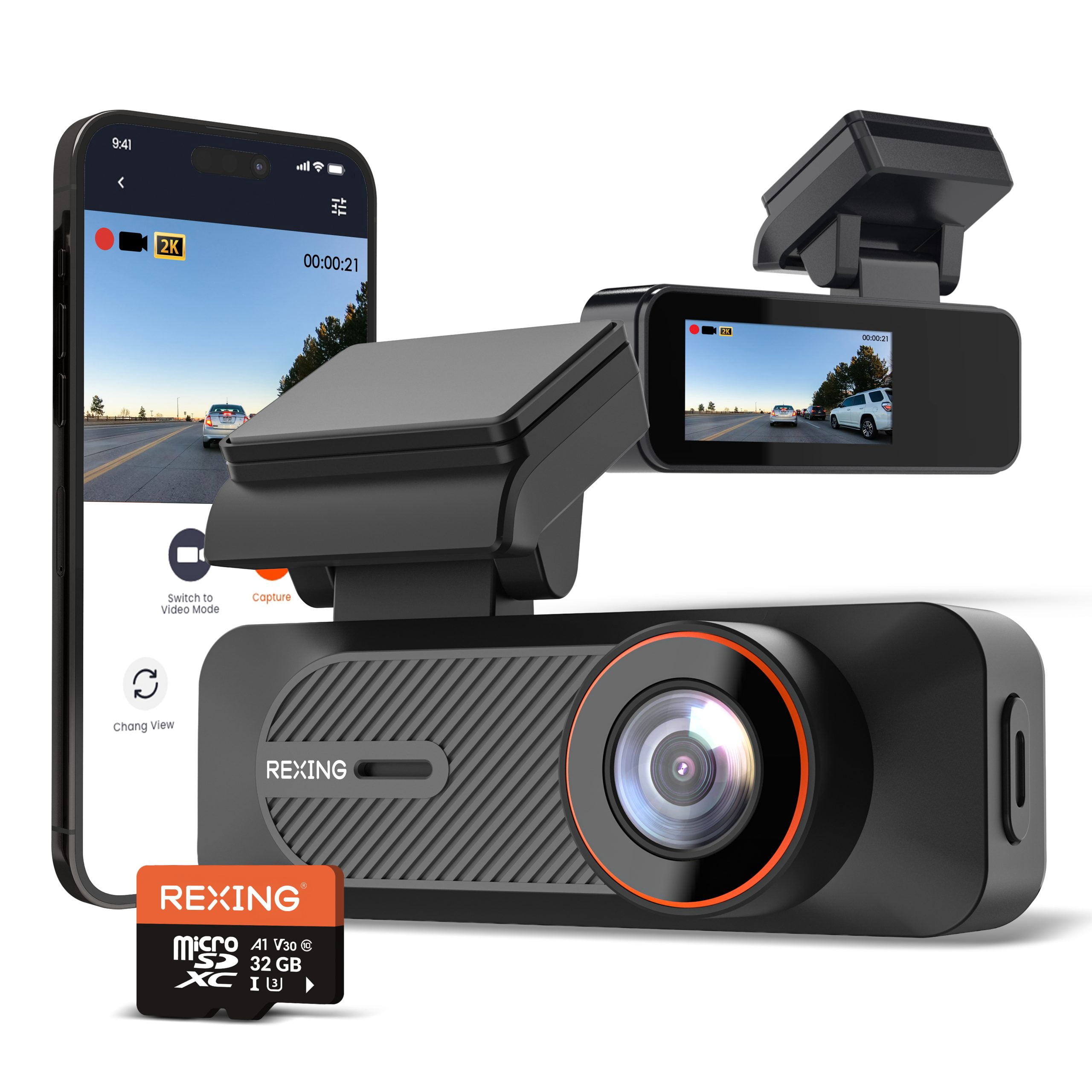 Rexing 2K Single Dash Cam with App Control, WiFi, Front Camera, Loop Recording, Parking Monitor, Vehicle Driving Recorder