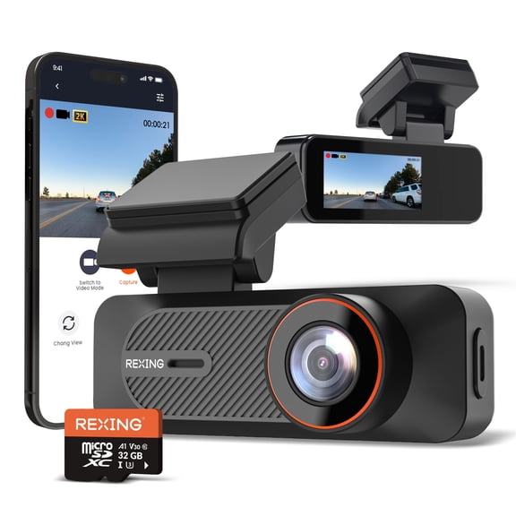Rexing 2K Single Dash Cam with App Control, WiFi, Front Camera, Loop Recording, Parking Monitor, Vehicle Driving Recorder