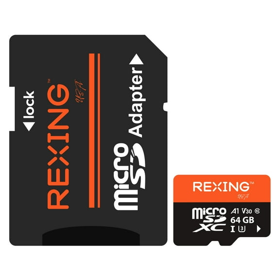 Rexing 64GB microSDXC UHS-3 4K Full HD Video High Speed Transfer Monitoring SD Card with Adapter for Dash Cams, Surveillance System, Security Camera, & Body Cam
