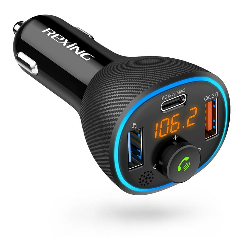 Rexing FM Transmitter Car Charger with Bluetooth 5.0 Wireless Audio Adapter Dual USB Type C Quick Charge 3.0 Enhanced Bass Music Player