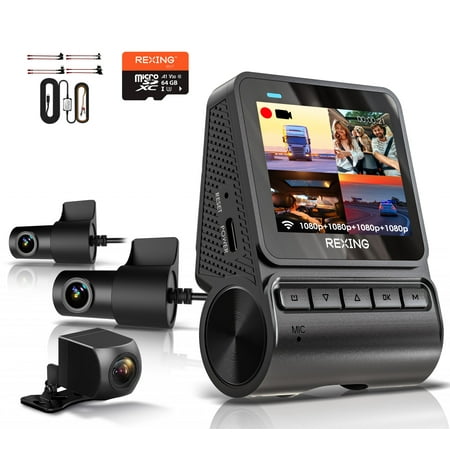 Rexing RH2-4 Quad-Channel Dash Cam – 1080p Front, Rear, Cabin, and Exterior Coverage with Wi-Fi, Optional GPS, and GPS Smart Hardwire Kit Included