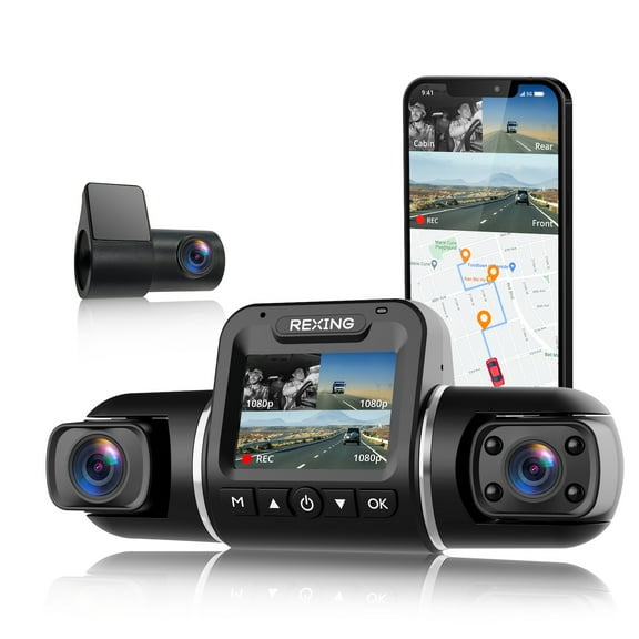 Rexing V2 Pro AI Dash Cam, 3-Channel Front/Cabin/Rear 1080p Recording with Wi-Fi and GPS