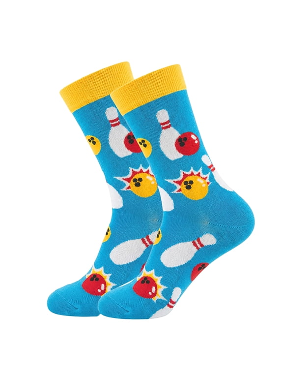 Bowling Print Novelty Socks Funny Cute Gift Cotton Crew Socks Blue One Size