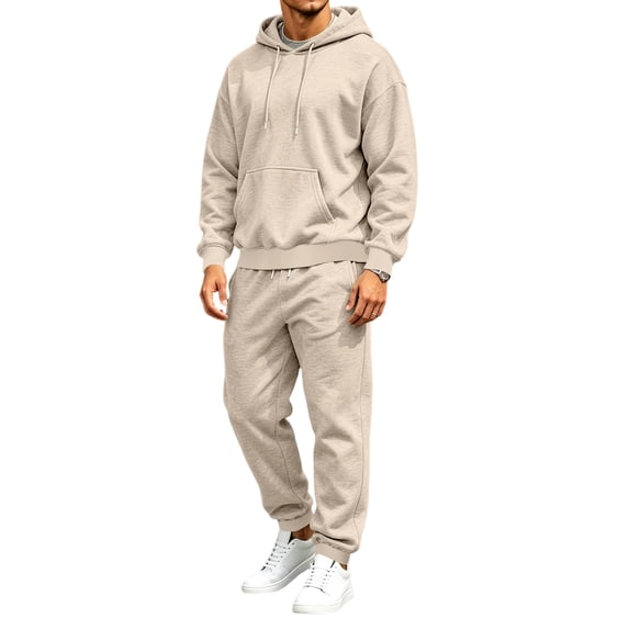 Rexolia Men's 2-Piece Full Zip Hoodie and Jogger Set Solid with Kangaroo Pocket Beige L