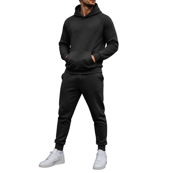 Rexolia Men's 2-Piece Plain Pullover Hoodie and Sweatpants Set Heavyweight Solid Color Black L