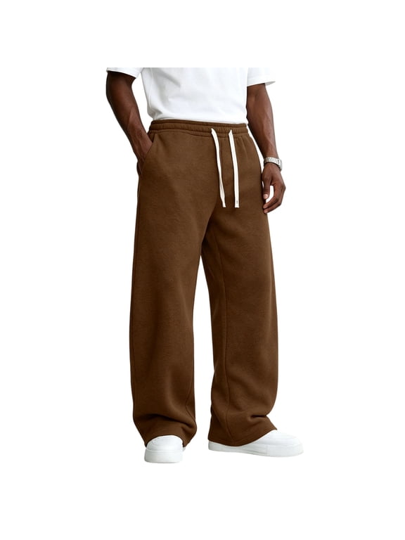 Men's Baggy Sweatpants Blend Brushed Fleece Wide Leg Drawstring Pockets Gym Jogging Coffee L