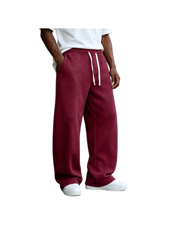 Men's Baggy Sweatpants Blend Brushed Fleece Wide Leg Drawstring Pockets Gym Jogging Wine L