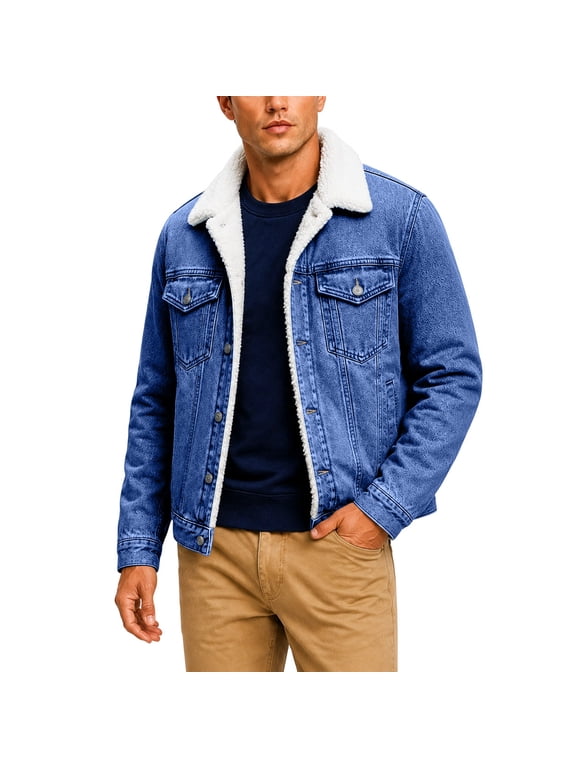 Men’s Brushed Fleece Lined Denim Trucker Jacket Warm Winter Button Front Outdoor Dark Blue XL
