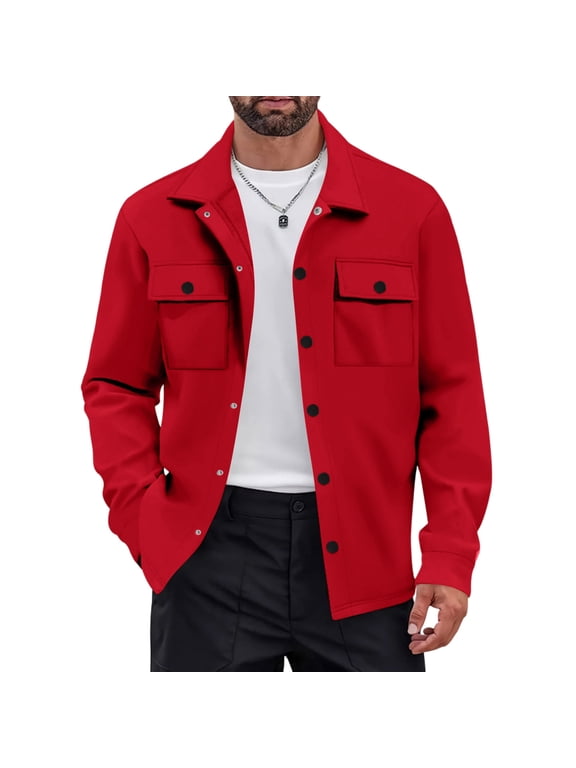 Men’s Brushed Fleece Shirt Jacket Long Sleeve Button Front Winter Outdoor Casual Red 3XL