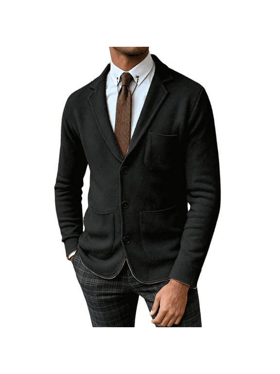 Men’s Button Down Cardigan Sweater Knit Blazer Front Pockets Daily Black L