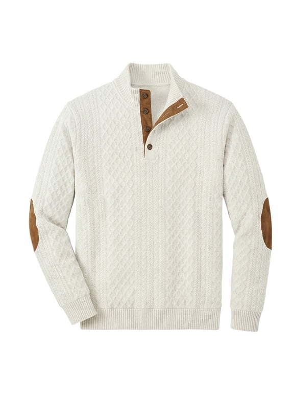 Men’s Cable Knit Pullover Sweater Henley Collar Elbow Patches Fall Winter Casual White M