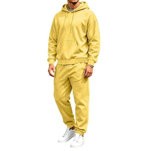 Rexolia Men's Drop Shoulder Pullover Hoodie and Jogger Set with Kangaroo Pocket Relaxed Yellow 2XL