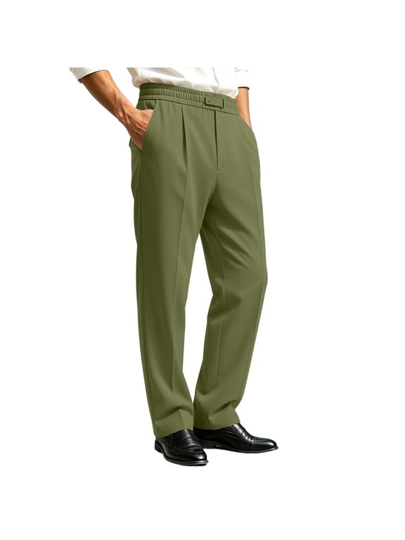 Men's Elastic Waist Pants Loose Fit Straight Leg Pull On Business Golf Daily Wear Army Green 2XL