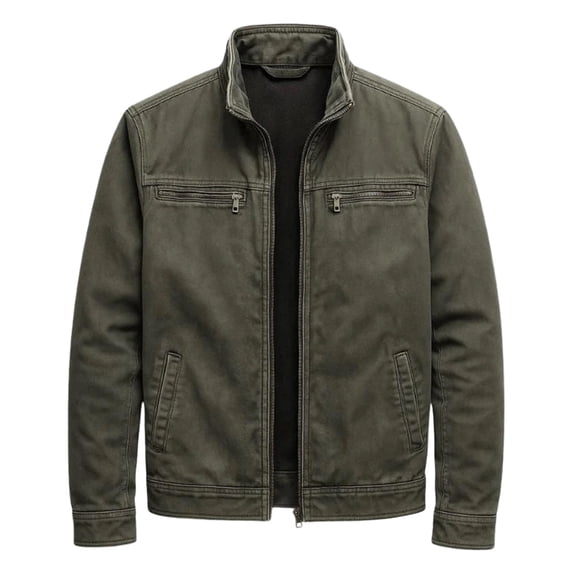 Rexolia Men’s Jacket Slim Fit Washed Fabric Multi Pocket Workwear Stand Collar Zip Army Green L