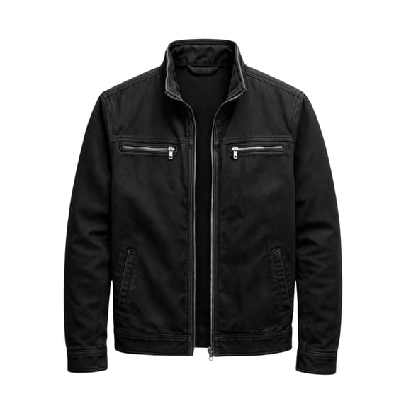 Rexolia Men’s Jacket Slim Fit Washed Fabric Multi Pocket Workwear Stand Collar Zip Black 3XL