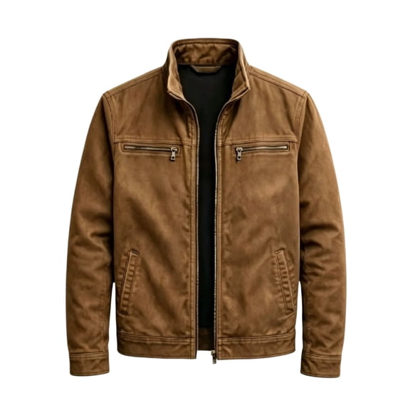 Rexolia Men’s Jacket Slim Fit Washed Fabric Multi Pocket Workwear Stand Collar Zip Coffee M