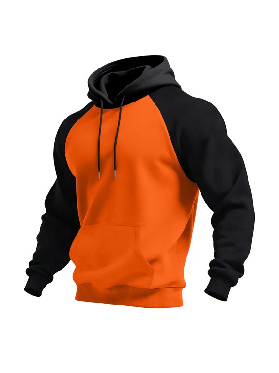 Men’s Patchwork Hoodie Color Block Pullover Drawstring Kangaroo Pocket Casual Saffron XL