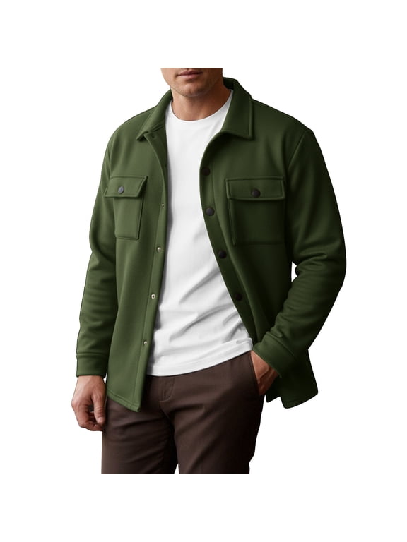 Men’s Snap Button Shirt Jacket Brushed Fleece Lined Long Sleeve Outdoor Work Army Green M