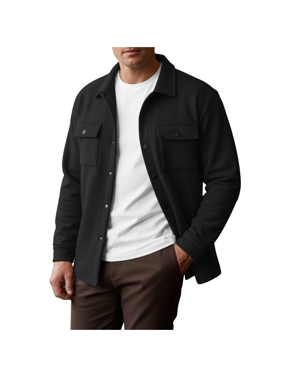 Men’s Snap Button Shirt Jacket Brushed Fleece Lined Long Sleeve Outdoor Work Black 3XL