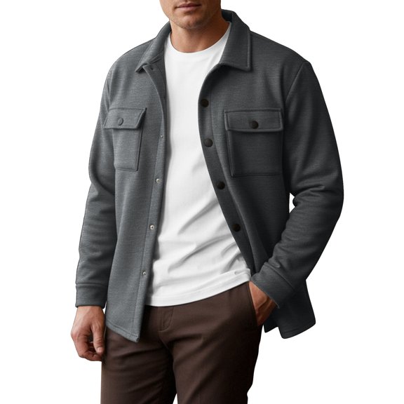 Rexolia Men’s Snap Button Shirt Jacket Brushed Fleece Lined Long Sleeve Outdoor Work Dark Gray S
