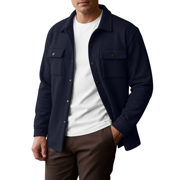 Rexolia Men’s Snap Button Shirt Jacket Brushed Fleece Lined Long Sleeve Outdoor Work Navy M