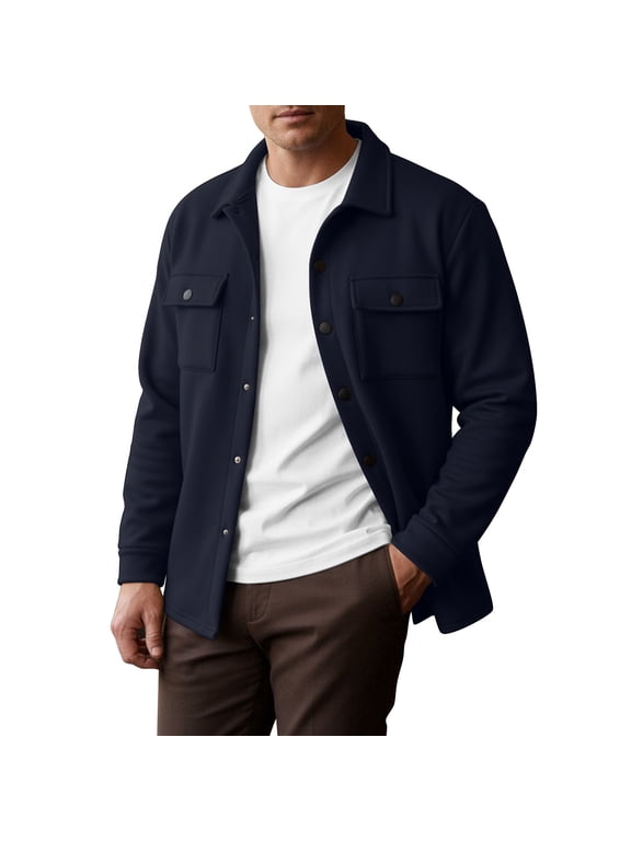 Men’s Snap Button Shirt Jacket Brushed Fleece Lined Long Sleeve Outdoor Work Navy M