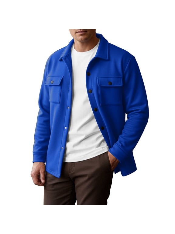 Men’s Snap Button Shirt Jacket Brushed Fleece Lined Long Sleeve Outdoor Work Royal Blue XL