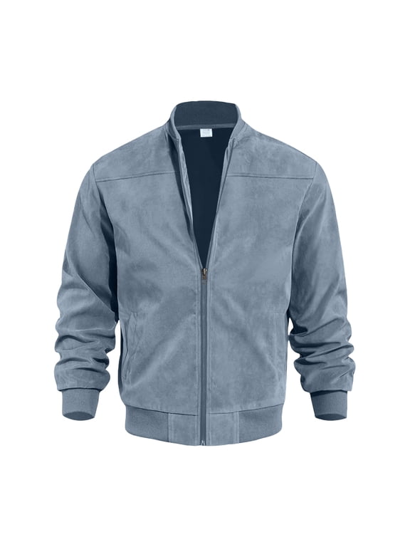 Men's Suede-like Fabric Baseball Golf Jacket Ribbed Cuffs Mock Neck Windproof Fall Winter Blue M