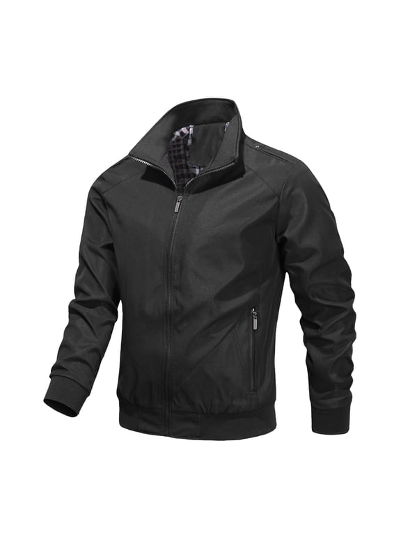 Men’s Zip Front Golf Jacket Lightweight Plaid Lined Slim Fit Casual Outdoor Wind Resistant Black L