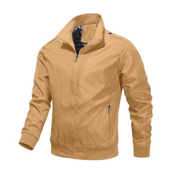 Rexolia Men’s Zip Front Golf Jacket Lightweight Plaid Lined Slim Fit Casual Outdoor Wind Resistant Khaki 2XL
