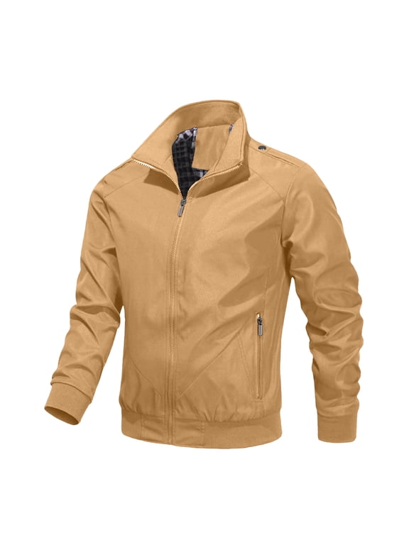 Men’s Zip Front Golf Jacket Lightweight Plaid Lined Slim Fit Casual Outdoor Wind Resistant Khaki L