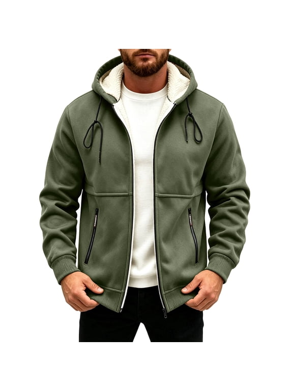 Men’s Zip Up Hoodie Sherpa Fleece Lined Heavyweight Warm Winter Sweatshirt Jacket Army Green L