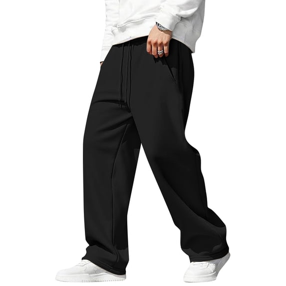 Rexolia Mens Baggy Wide Leg Sweatpants Loose Fit Uncuffed Lounge Gym Casual Joggers with Pockets Drawstring Waist Black L
