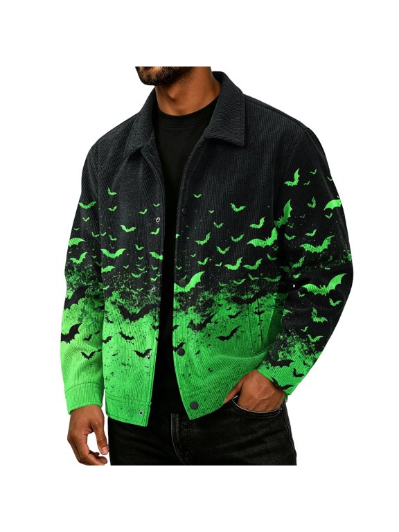 Mens Bat Silhouette Corduroy Jacket Button Down Pumpkin Ghost Print Retro Fall Outerwear Green S