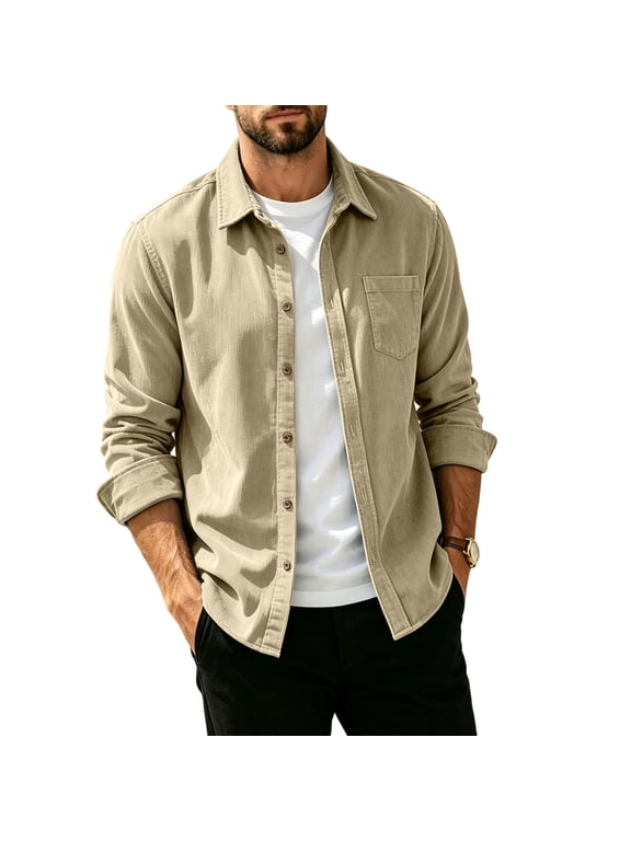 Mens Corduroy Button Down Shacket Long Sleeve Lightweight Overshirt with Pockets Casual Fall Winter Beige M